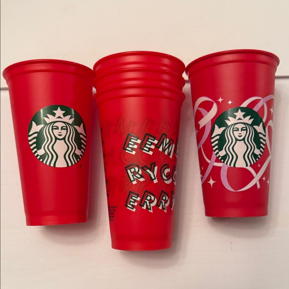 Assorted Starbucks Festive Red Cups Five Total /No lids